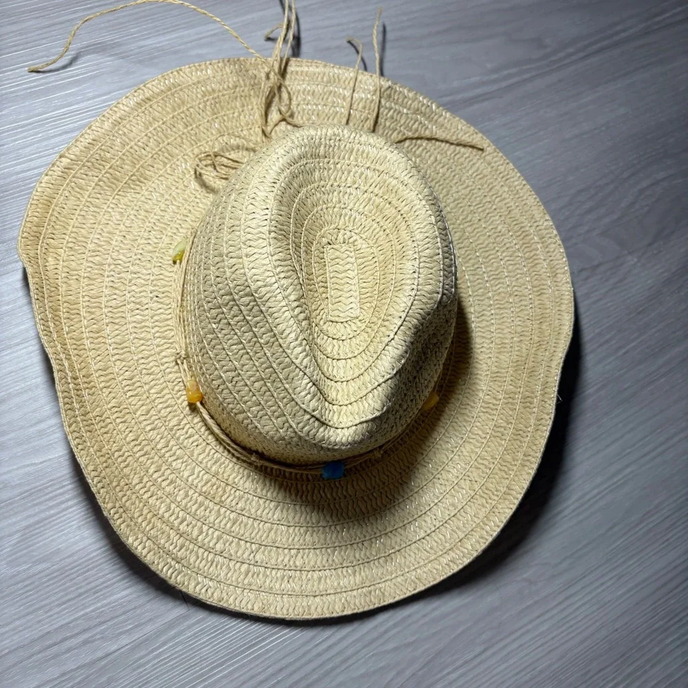 White Mountain Hat Womens Tan Straw Cowboy Hat Beaded Western Sun Hat OS